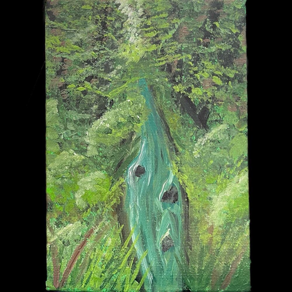 Handmade acrylic painting river through woods 5X7